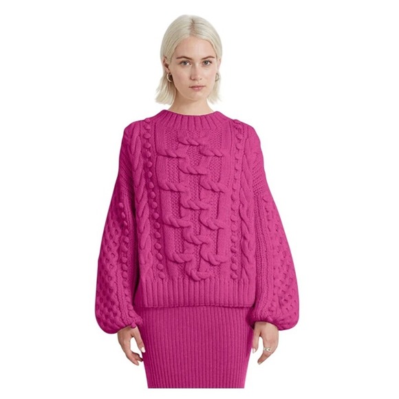 Eleven Six Aurora Alpaca Cable Knit Sweater Fuschia Pink Blouson Sleeve M/L‎